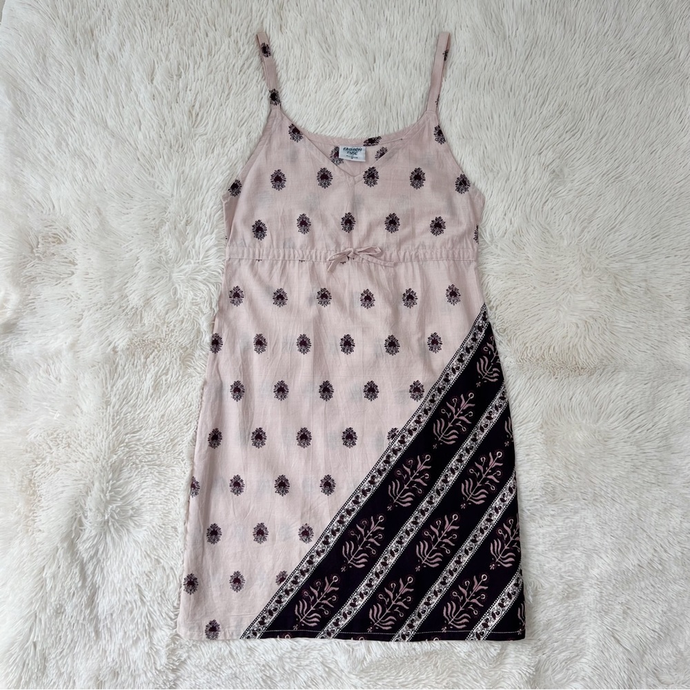 Pink empire waist batik print cotton dress v neck spaghetti strap Sz S